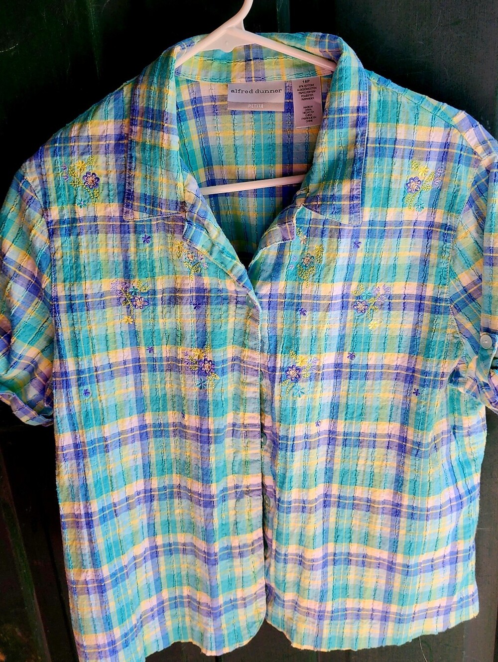 Alfred Dunner Petite Plaid Button Down Shirt Embroidered Floral Teal Yellow 16P